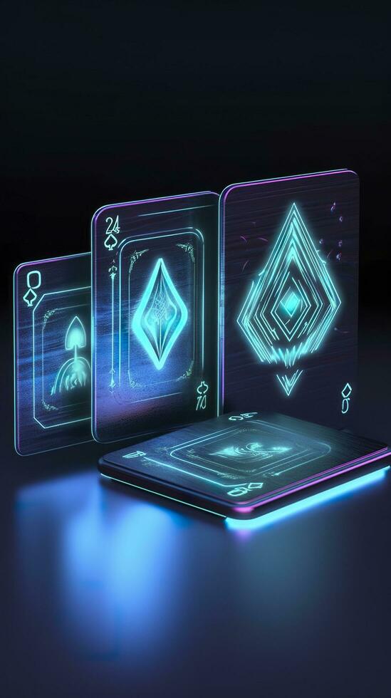 AI generated Some playing cards with glowing neon designs on a tablet. Generative AI photo