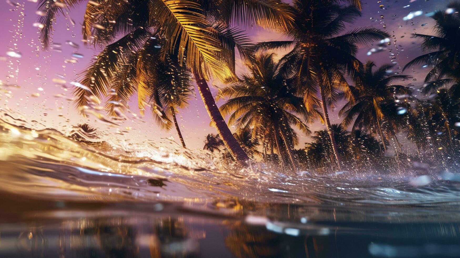 AI generated Beach with waves and coconut trees at sunset. Generative AI photo