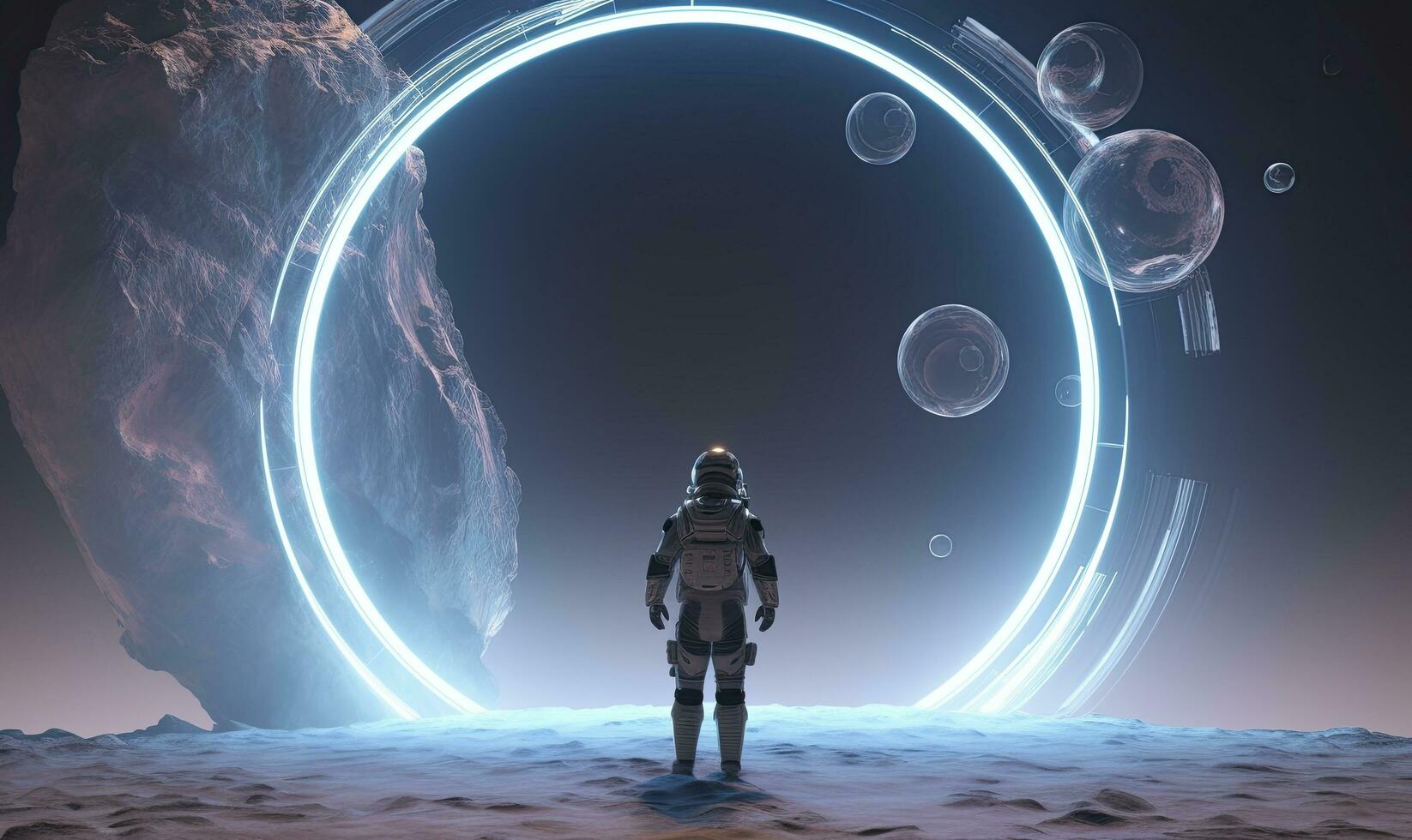 AI generated Astronaut in front of dimensional portal.  AI Generated. photo