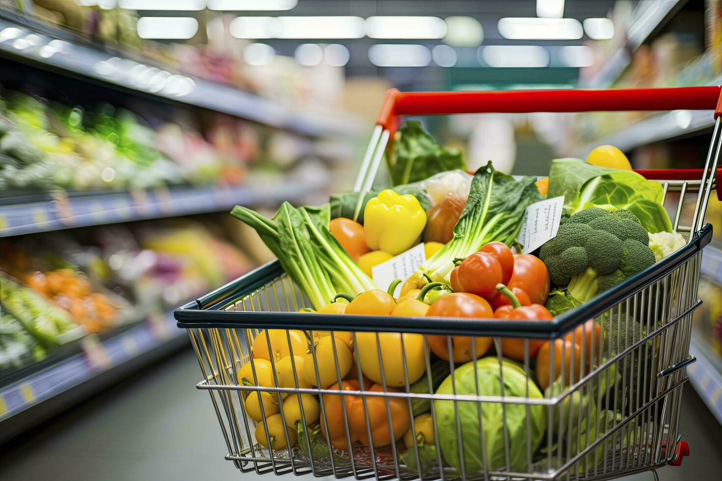 AI generated Close up of full shopping cart in grocery store. AI Generated photo