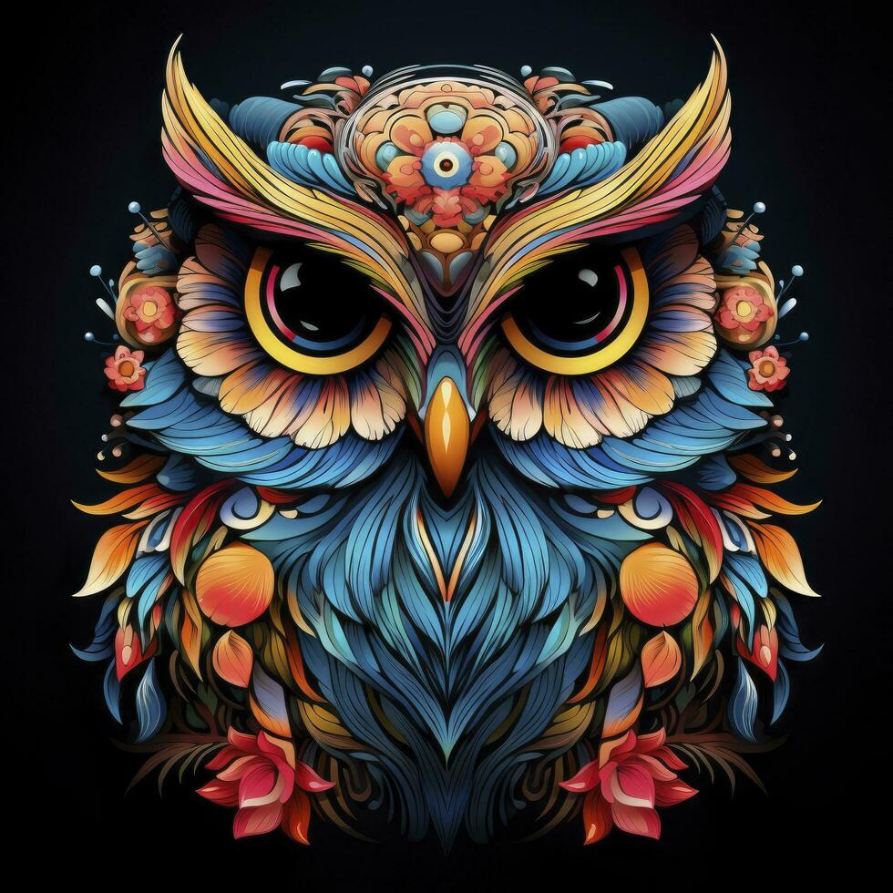 AI generated Multicolored mandala owl coloring page for adults. AI Generated photo