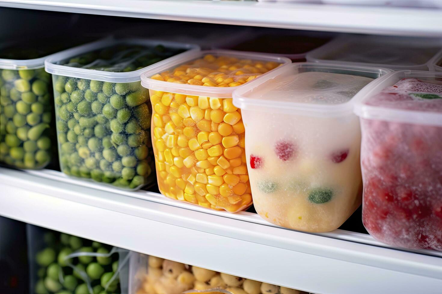 AI generated Frozen food in the freezer. Frozen vegetables. AI Generated photo