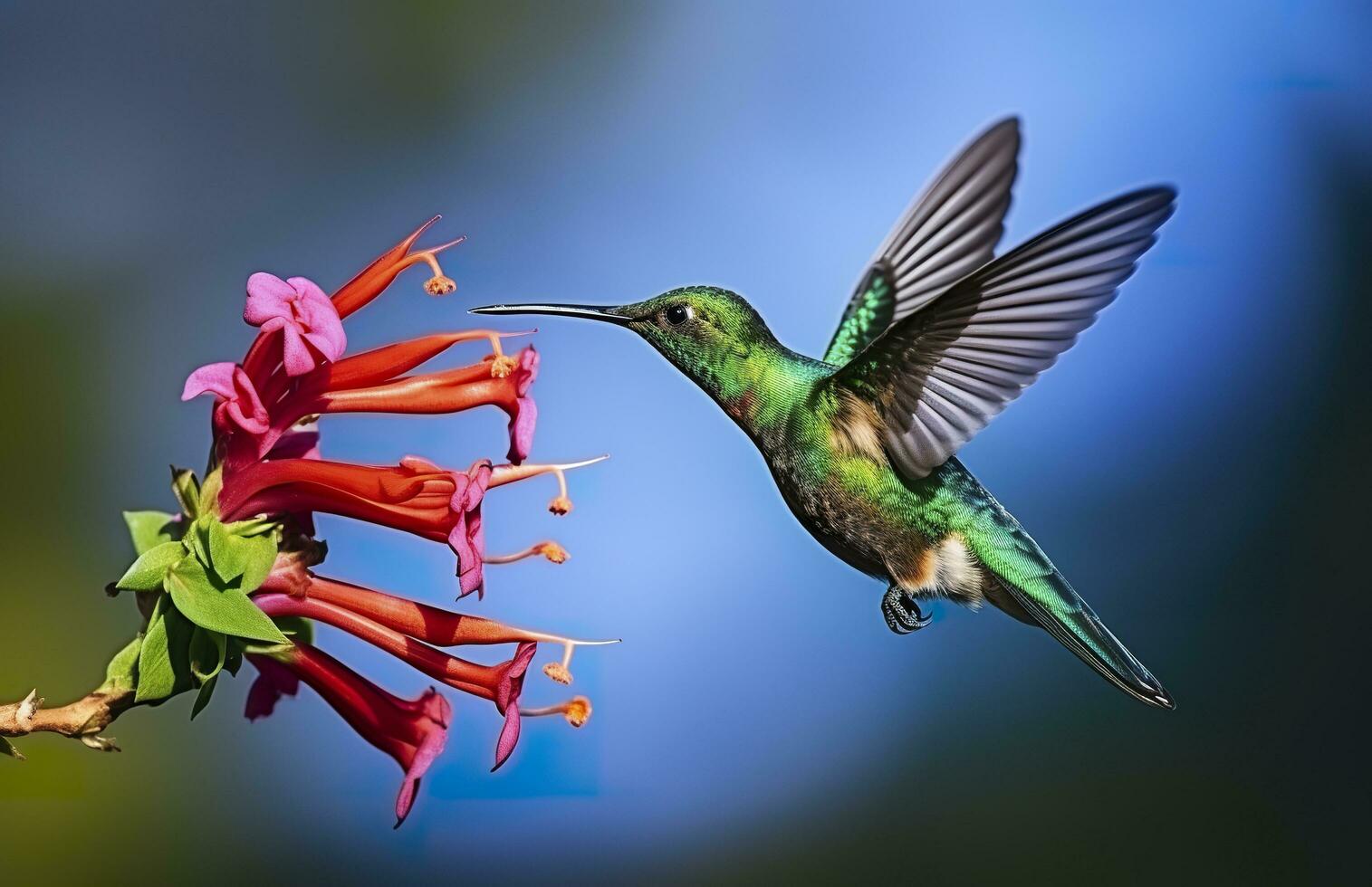 AI generated Hummingbird bird flying next to a beautiful red flower with rain. AI Generated photo