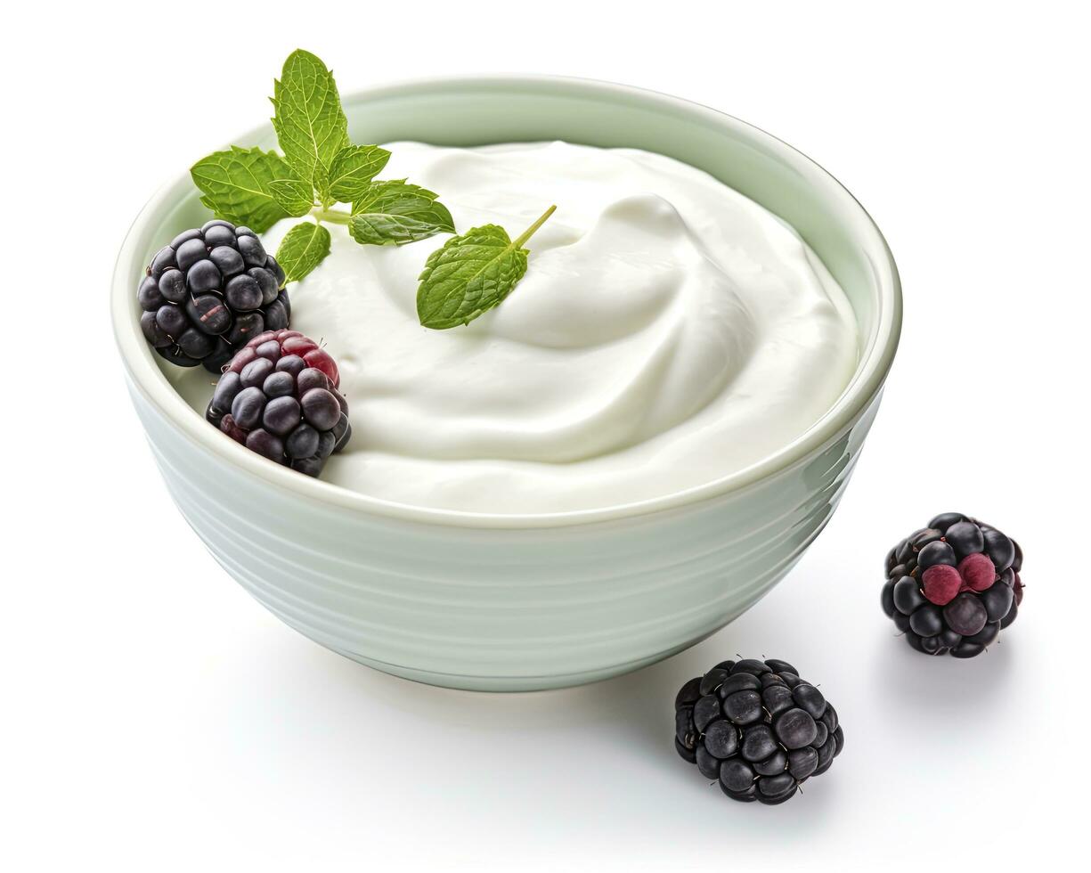 AI generated Green bowl of greek yogurt and fresh berries isolated on white background. AI Generated photo