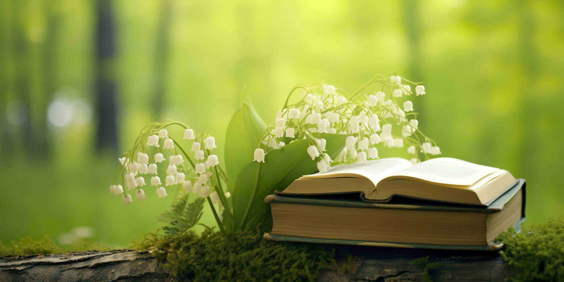 AI generated Lily of the Valley flowers and old books in the forest, green natural background. AI Generated photo