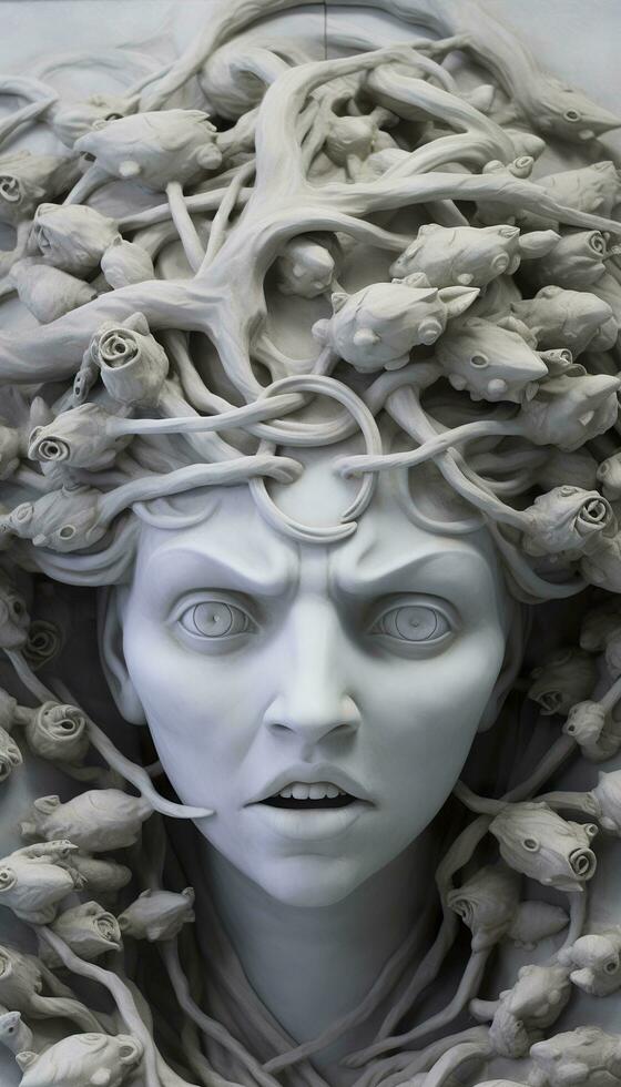 AI generated Portrait of cyborg medusa close up carved in marble. AI Generated photo