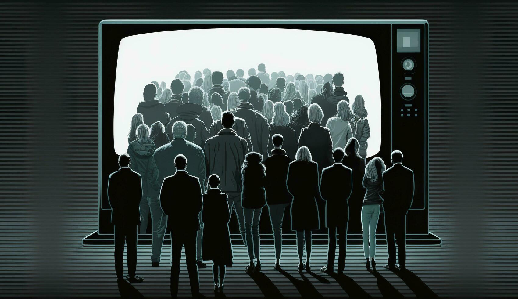 AI generated People crowd watching TV. TV addiction, propaganda and fake news concept. Generative AI photo