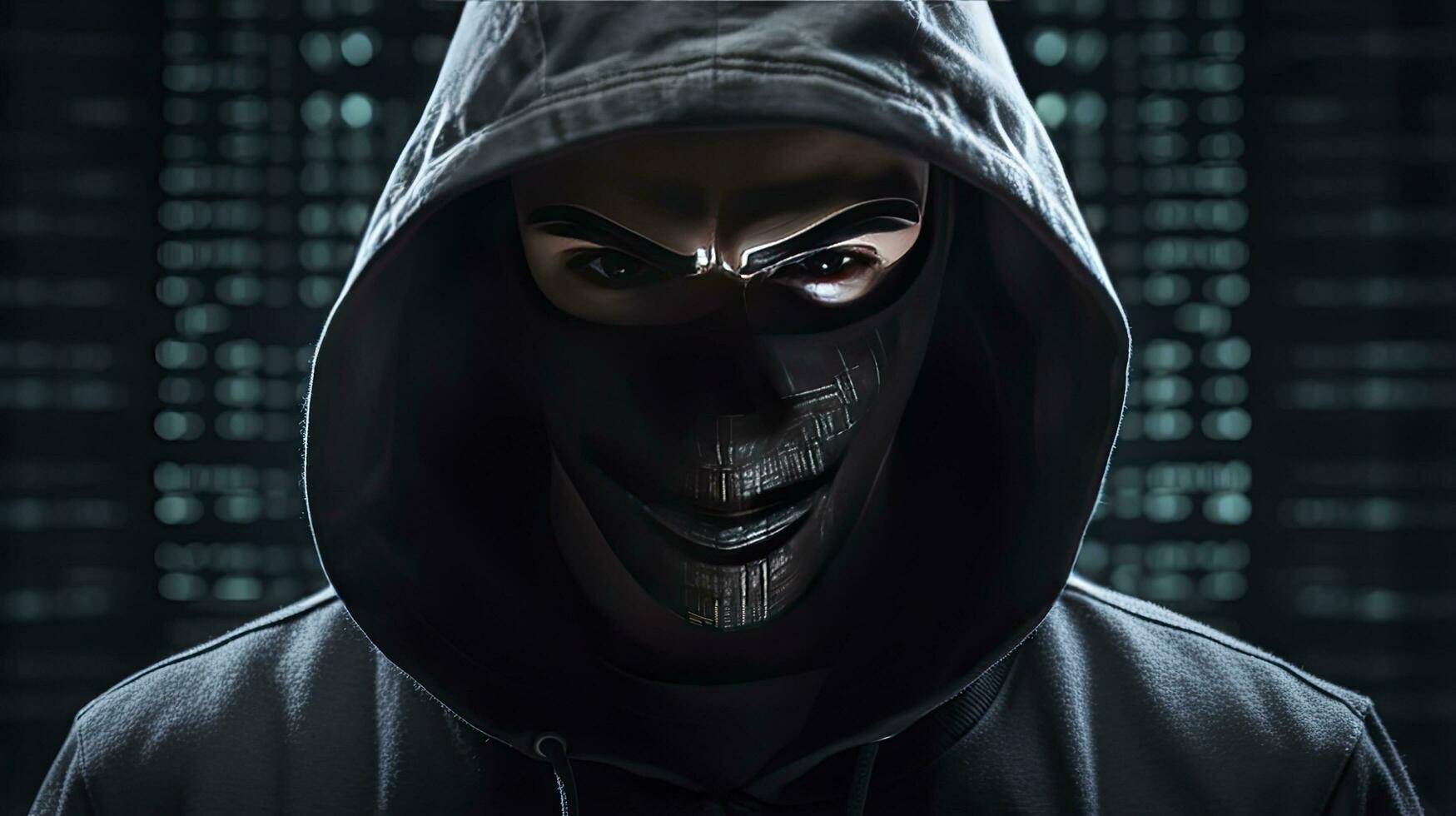 AI generated Binary Intrigue. Anonymous robotic hacker. Concept of hacking. AI Generated photo