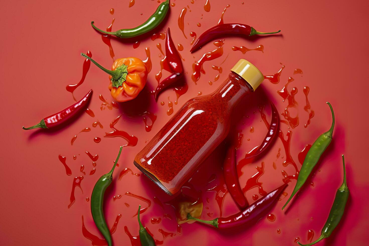 AI generated Tabasco hot pepper sauce with red chili pepper, flat lay. Generative AI photo