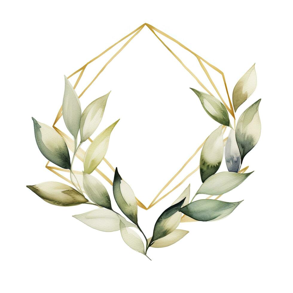 AI generated Watercolor geometry shape wreath with green leaf. AI Generated photo