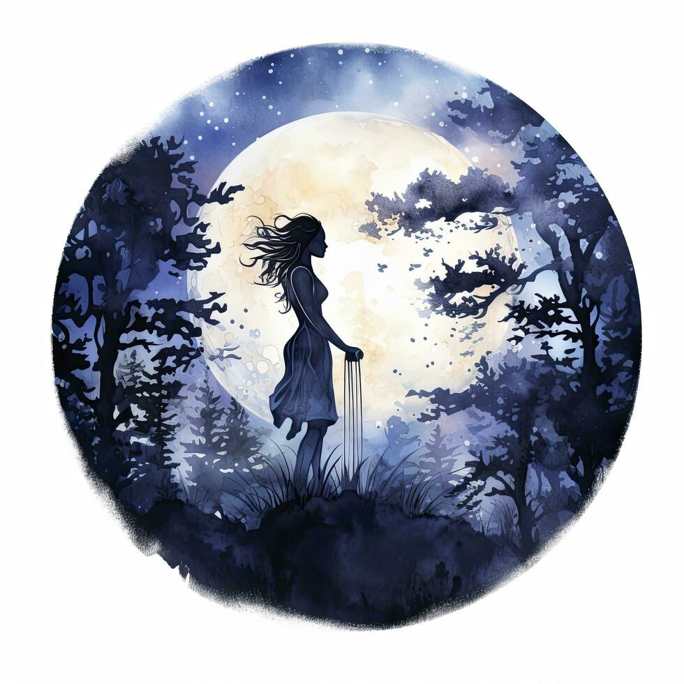 AI generated Forest moon silhouette with fairy shining in the night sky on a white background. AI Generated photo