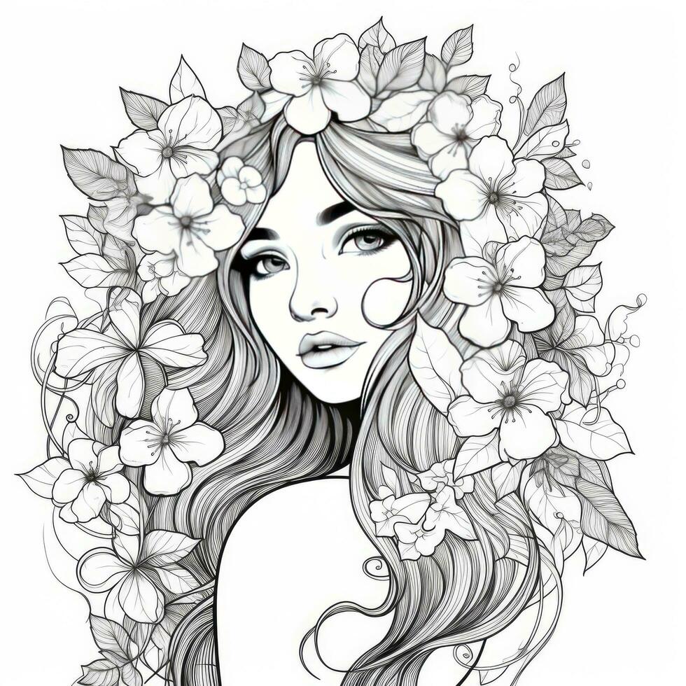 AI generated A girl on a coloring book page with Jasmine flowers. AI Generated photo