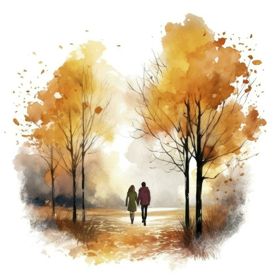 AI generated Watercolor autumn landscape with a couple walking. AI Generated photo