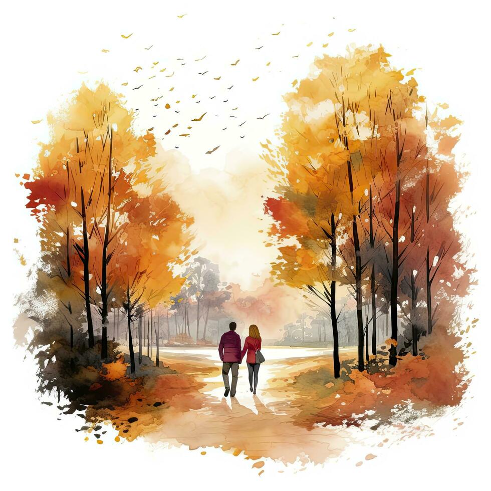 AI generated Watercolor autumn landscape with a couple walking. AI Generated photo