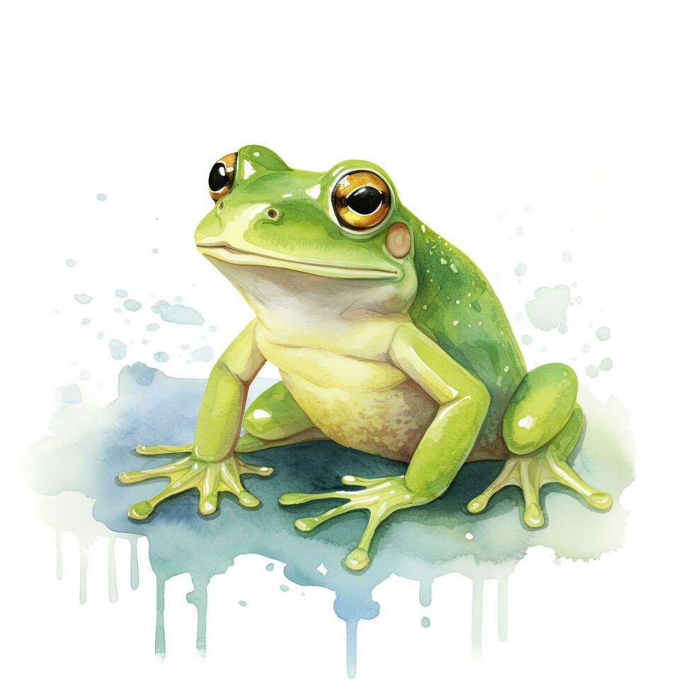 AI generated Watercolor green frog on white background.  AI Generated photo