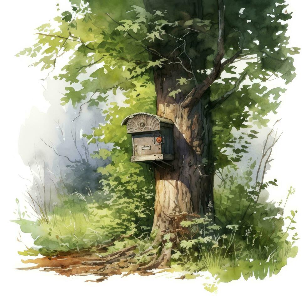 AI generated Watercolor mailbox in a tree on a white background. AI Generated photo