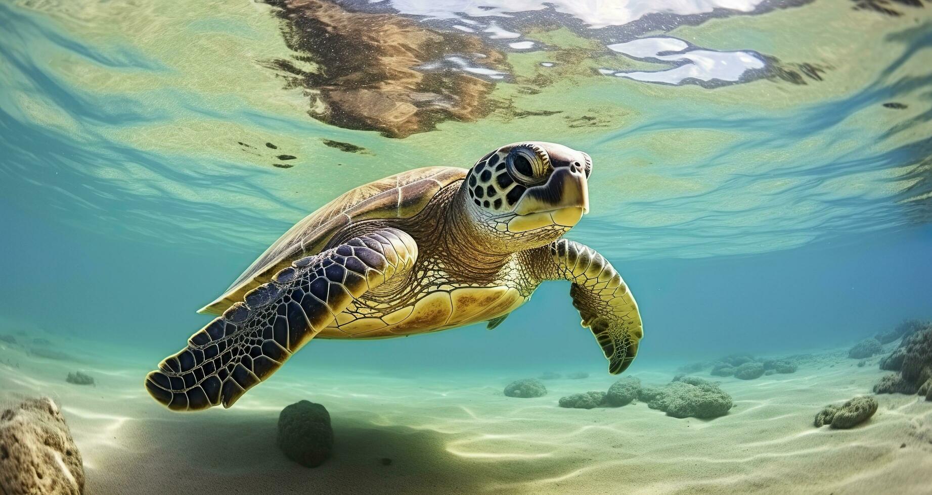 AI generated Photo of Sea turtle in the Galapagos island. Generative AI