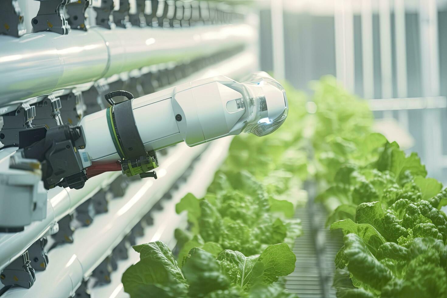 AI generated Automatic Agricultural Technology With Close-up View Of Robotic Arm Harvesting Lettuce In Vertical Hydroponic Plant. AI Generated photo