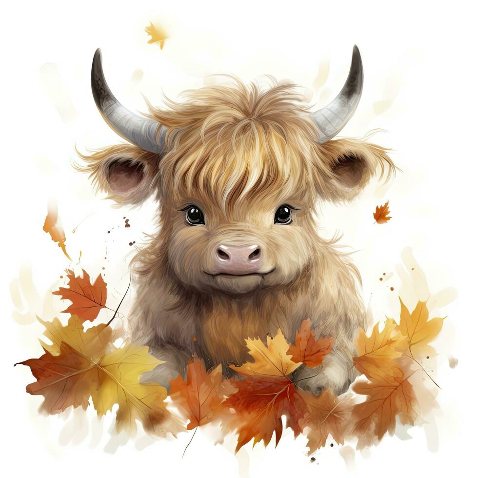 AI generated Happy cute baby highland cow in autumn leaves in the watercolor style. AI Generated photo