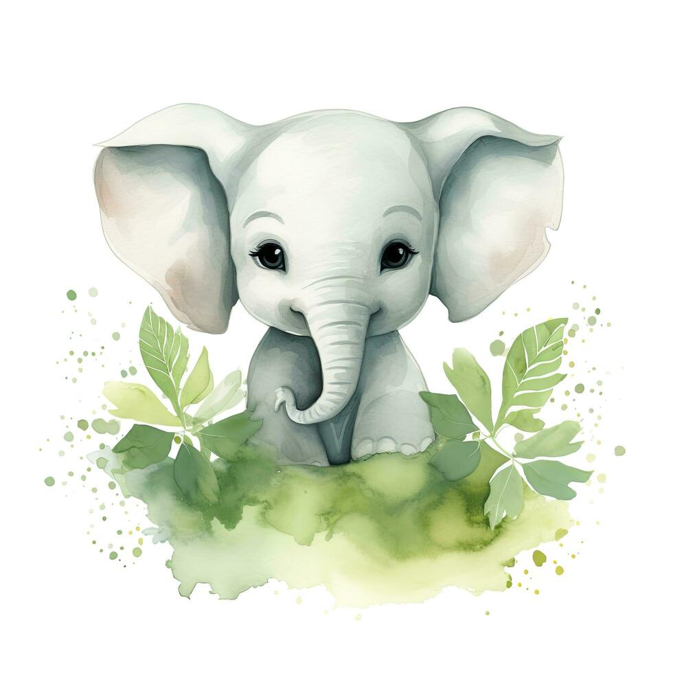 AI generated Happy cute baby elephant in green leaves in the watercolor style. AI Generated photo