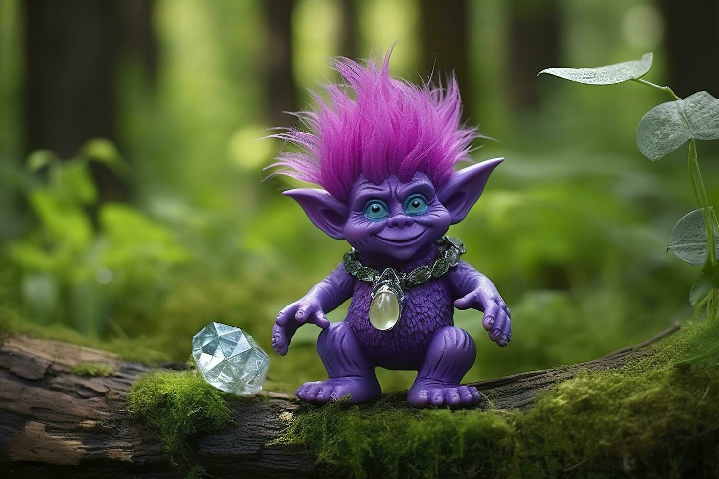 AI generated Tale troll with crystals in the forest, natural green background. Generative AI photo