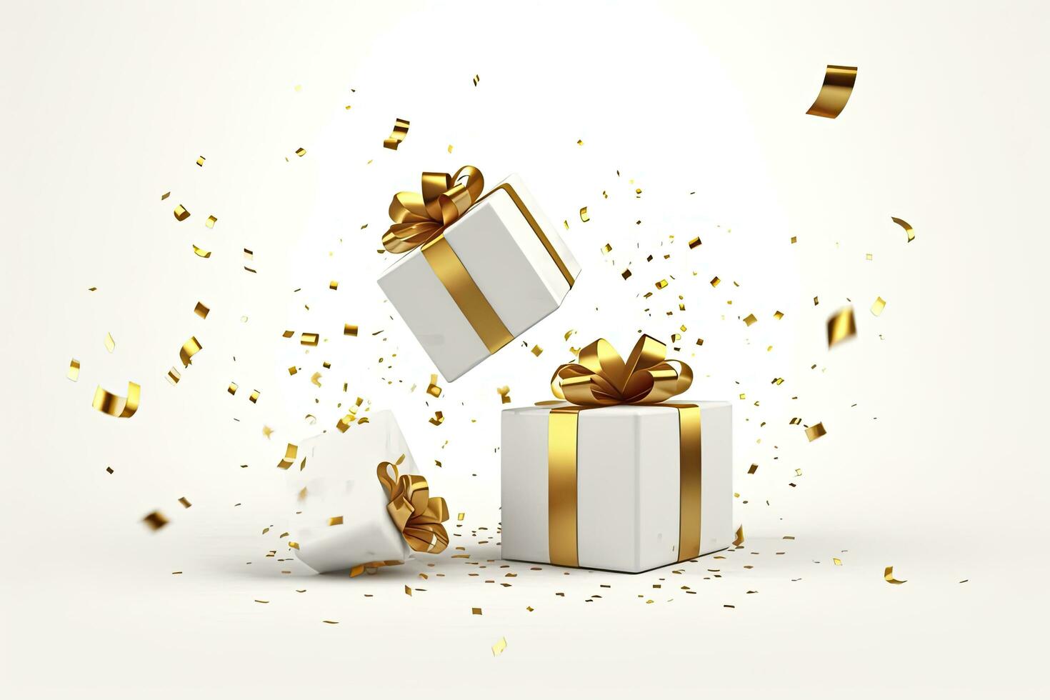 AI generated Merry New Year and Merry Christmas 2024 white gift boxes with golden bows and gold sequins confetti on white background. AI Generated photo