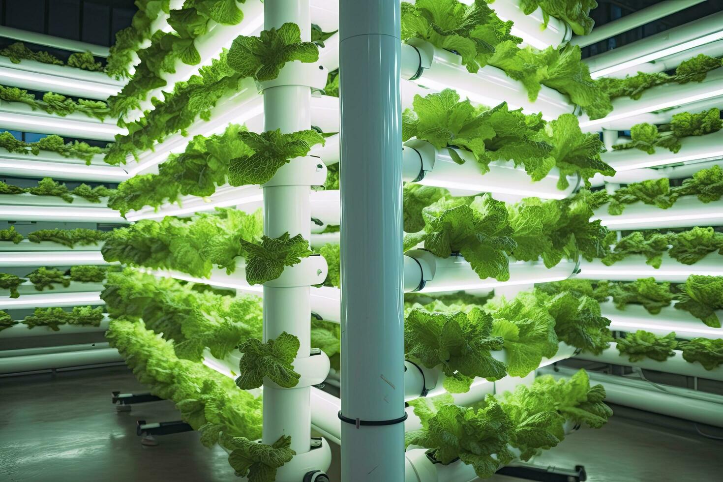 AI generated Vertical Hydroponic Plant System With Cultivated Lettuces. AI Generated photo
