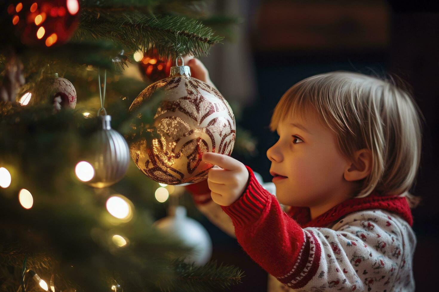 AI generated Child Decorating Christmas Tree Closeup. AI Generated photo