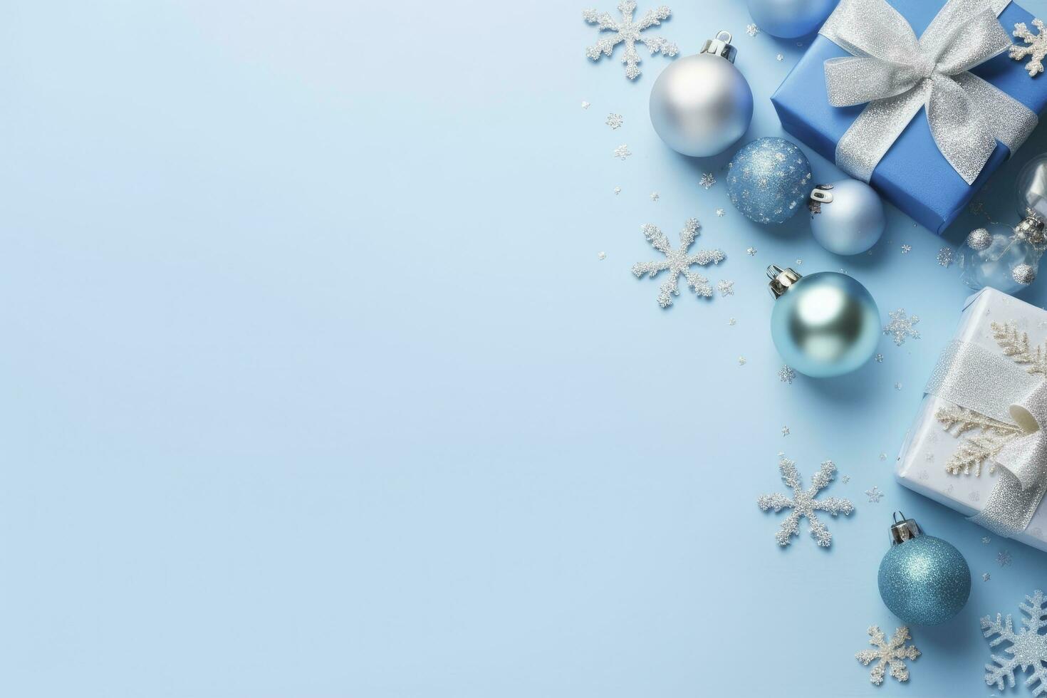 AI generated Christmas Eve concept. Top view photo of blue and silver baubles snowflake ornaments stylish present boxes and confetti. AI Generated