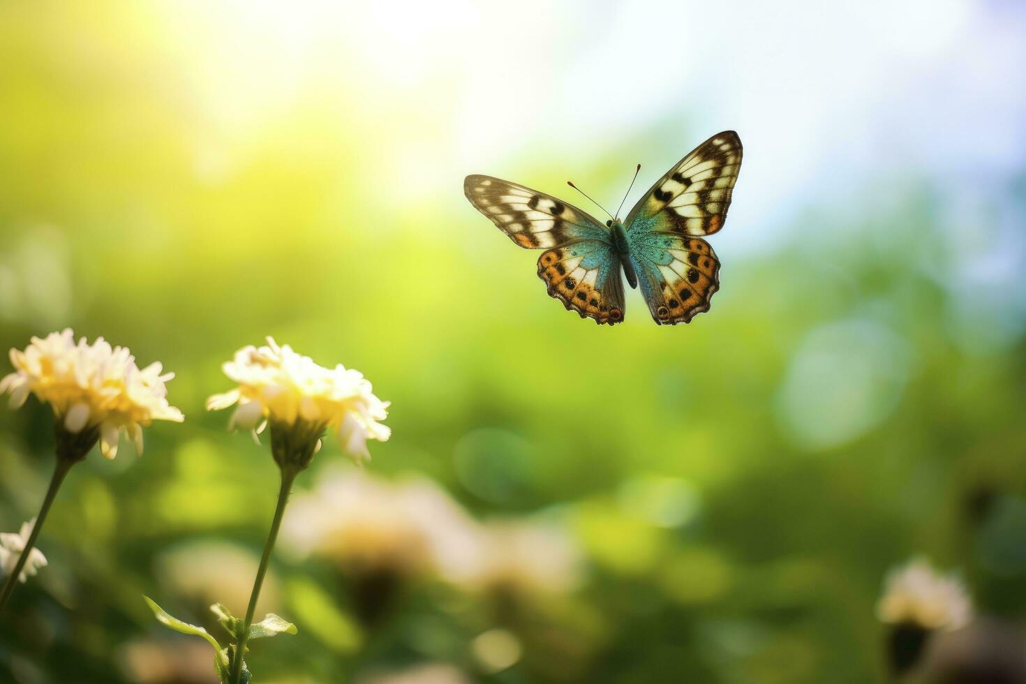 ai generado mariposa volador terminado el prado. ai generado foto