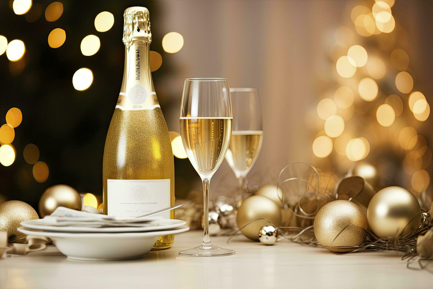 AI generated Christmas table setting with holiday decorations in gold color. AI Generated photo