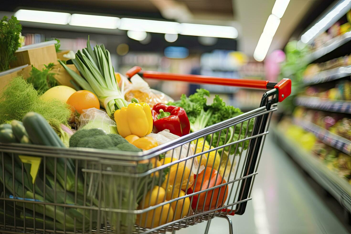 AI generated Close up of full shopping cart in grocery store. AI Generated photo