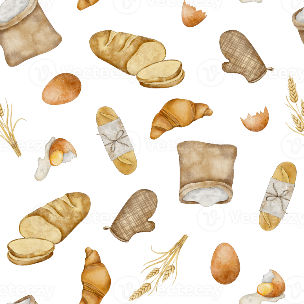 sömlös mönster med mjöl säck, grytlapp, baguette, knippa av spikelets av vete, de bruten skal av en kyckling ägg och skivad färsk bröd och croissant. hand dragen vattenfärg illustration. png