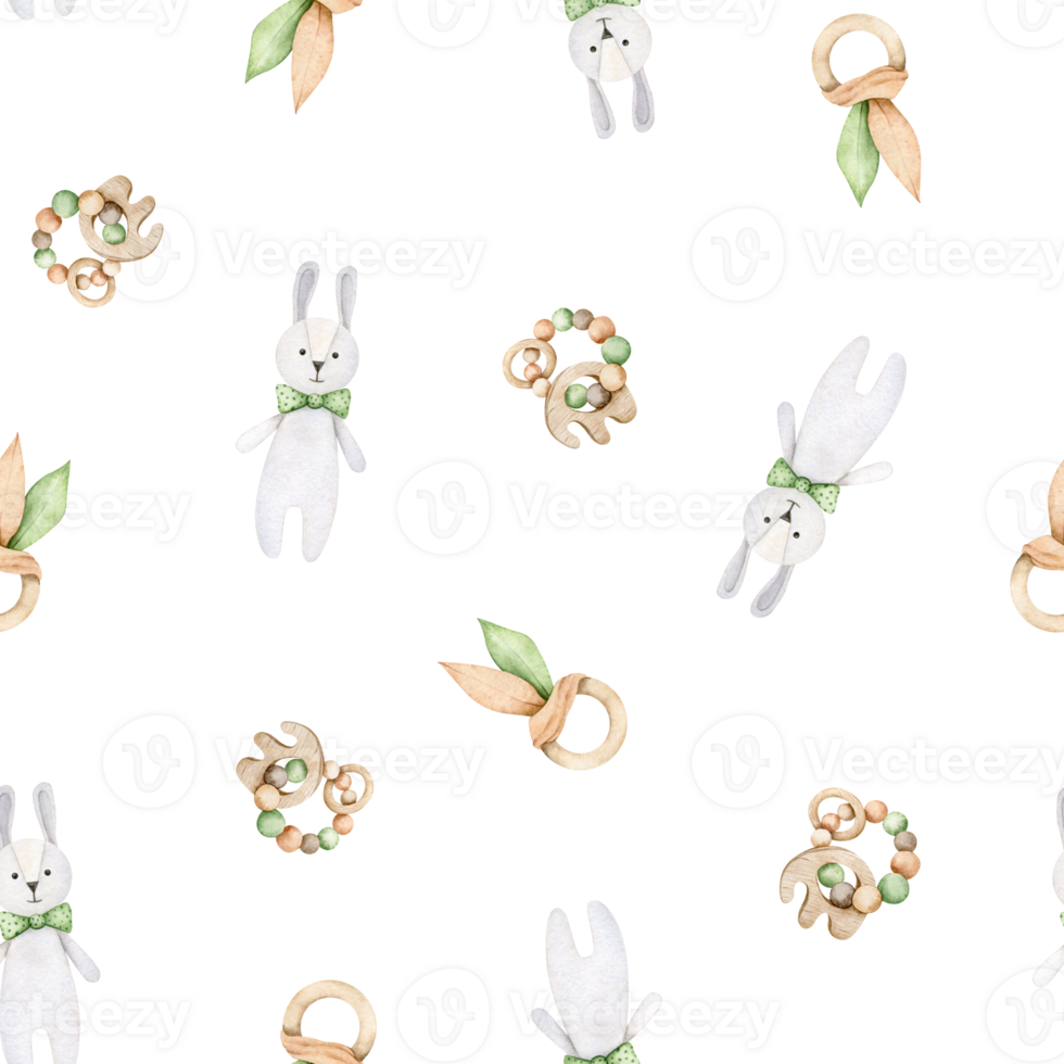 Baby toys seamless pattern. Plush bunny and teething toys in Scandinavian style. Simple repeated background. Hand drawn watercolor illustration for fabric, baby textile and wrapping paper png