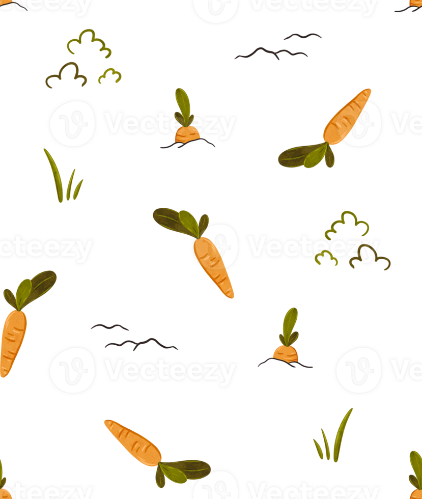 Cute farm carrot seamless pattern. Fresh vegetable for fabric, design, card, print or background. Cartoon doodle illustration for kids with textured effect. Hand drawn png
