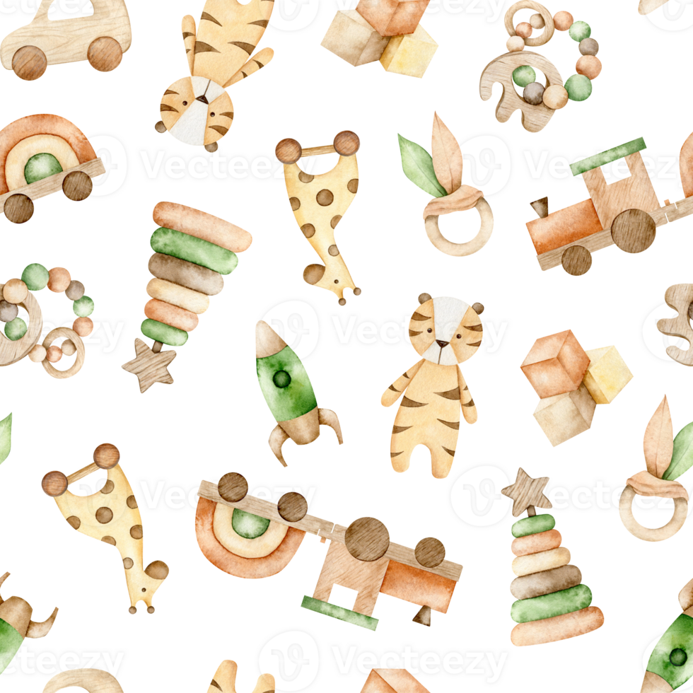Seamless pattern with pyramid, train, tiger, car, rocket, cubes and giraffe on wheels and teething toy. Endless baby background. Hand drawn watercolor illustration eco baby toys for fabric, baby png