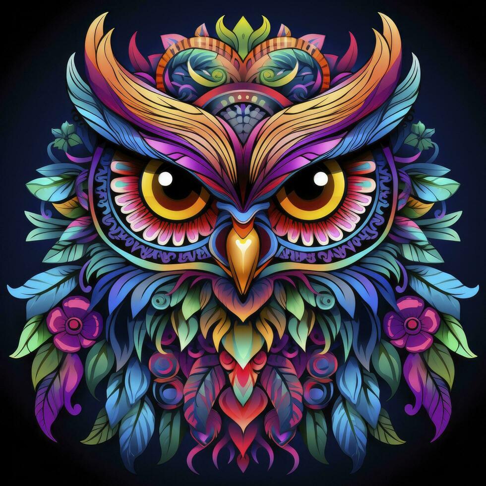 AI generated Multicolored mandala owl coloring page for adults. AI Generated photo