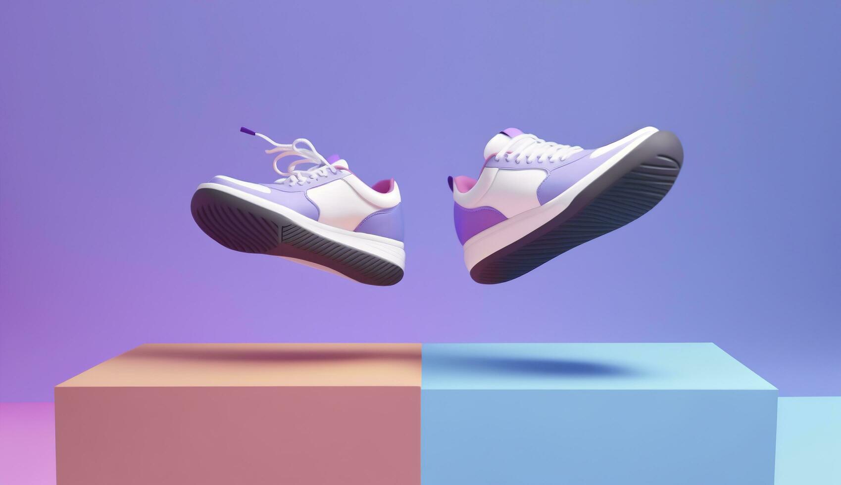 AI generated Flying trendy sneakers on creative colorful background, Stylish fashionable concept. AI Generated photo