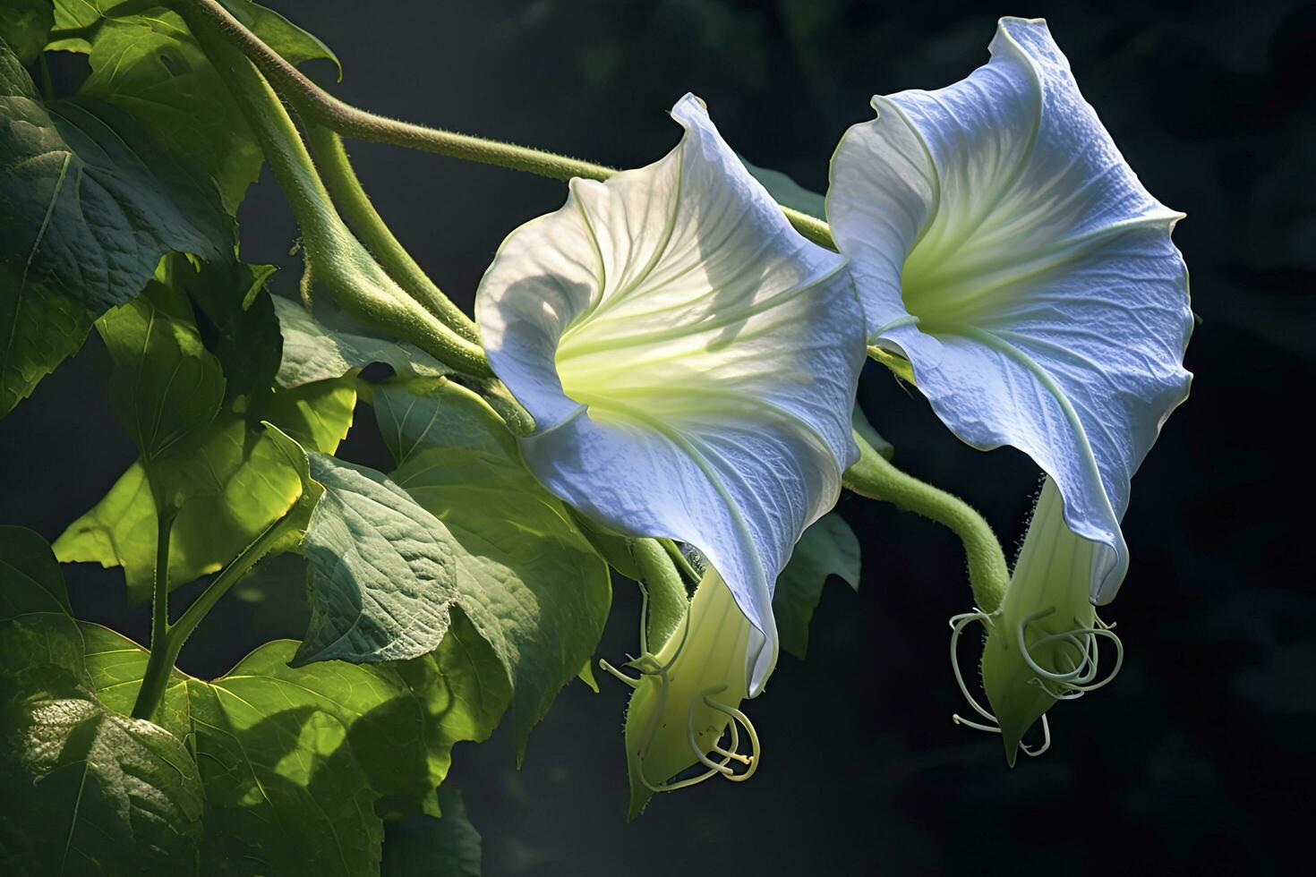 AI generated Morning Glory vine unfurling its delicate petals in the morning light. AI Generated photo