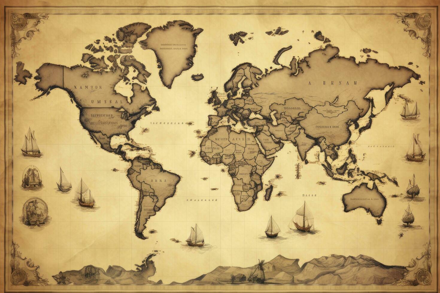 AI generated Great detailed illustration of the world map in vintage style. AI Generated photo