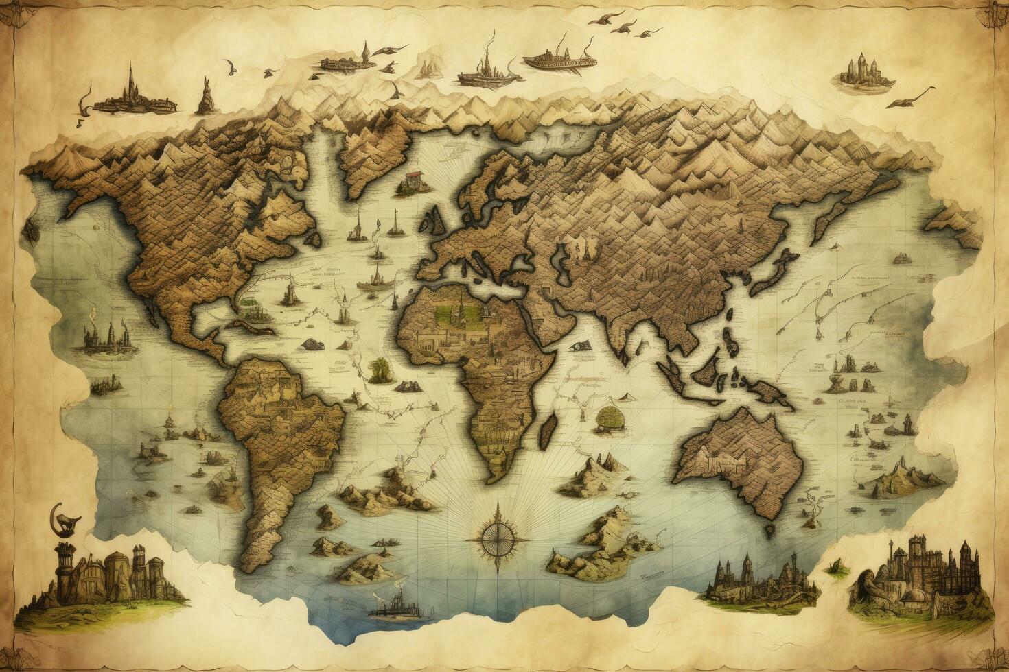 AI generated Great detailed illustration of the world map in vintage style. AI Generated photo