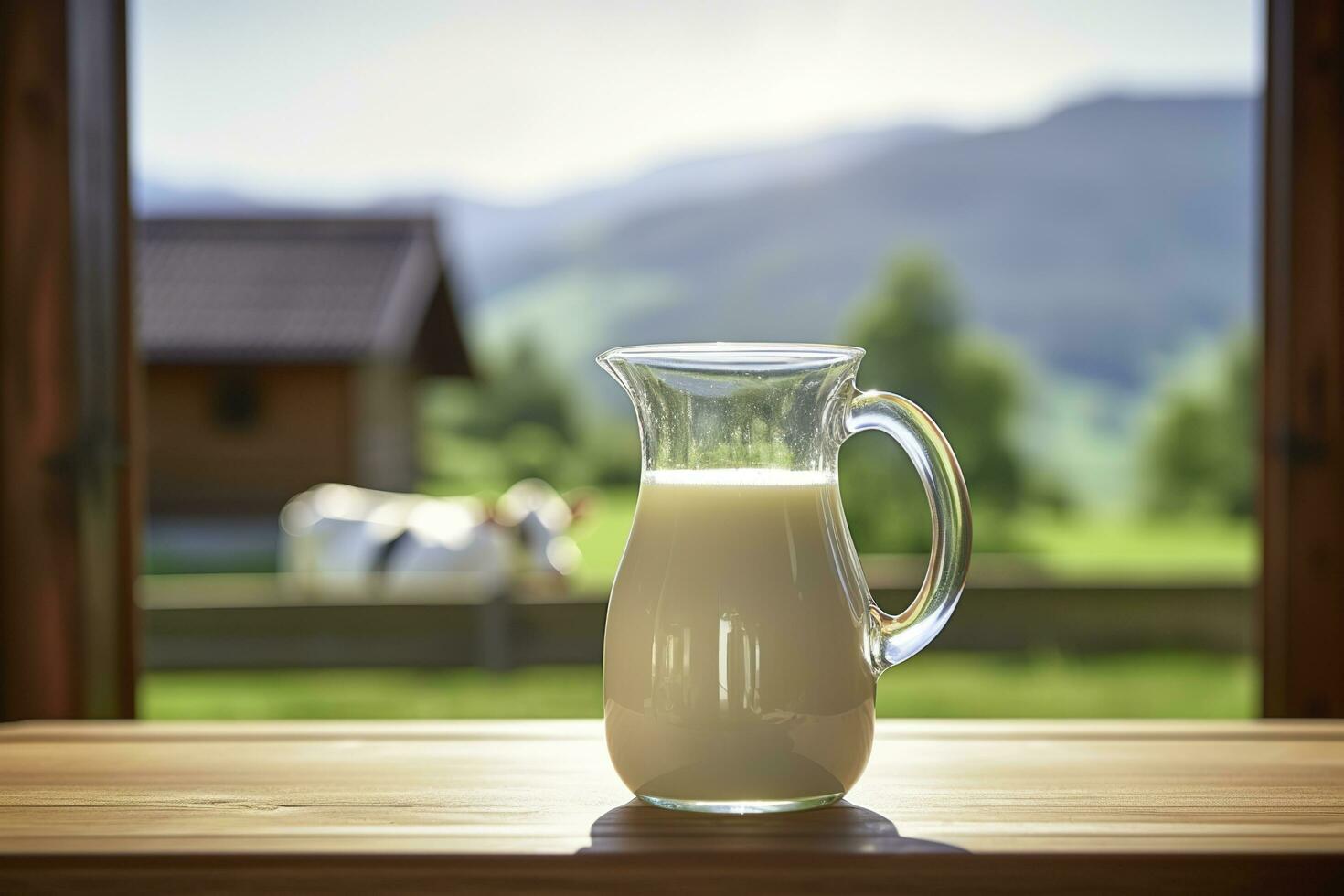 AI generated Glass pitcher with fresh milk on a wooden table. AI Generated photo