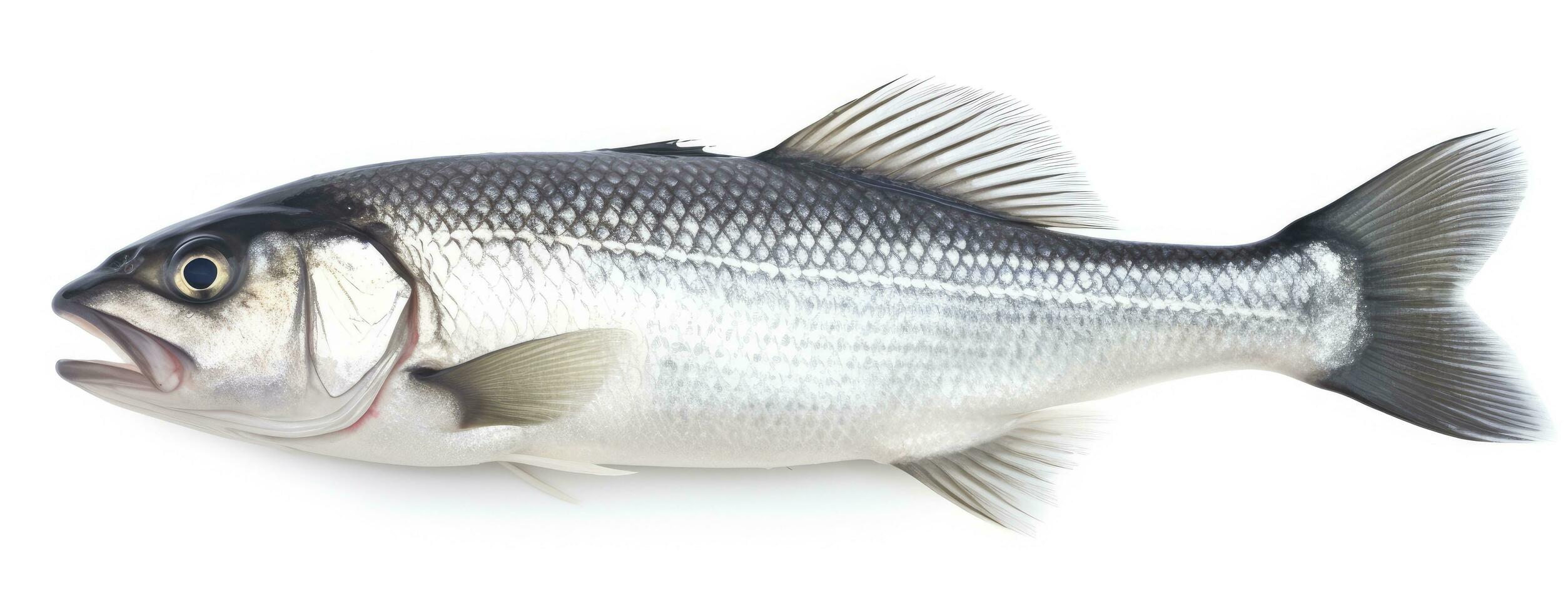 AI generated One fresh sea bass fish isolated on white background. AI Generated. photo