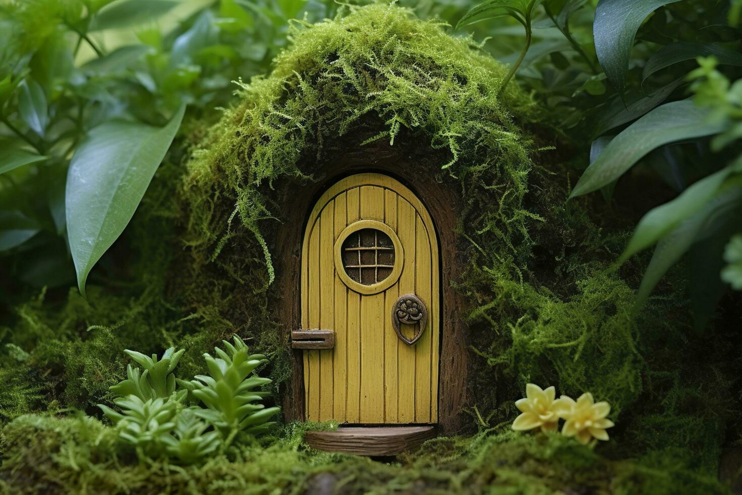 AI generated Little magic wooden fairy doors and plants leave on a mossy natural green background. AI Generated photo