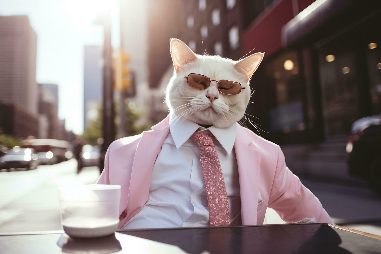 AI generated A cat is wearing sunglasses, suit and standing on street. AI Generated photo