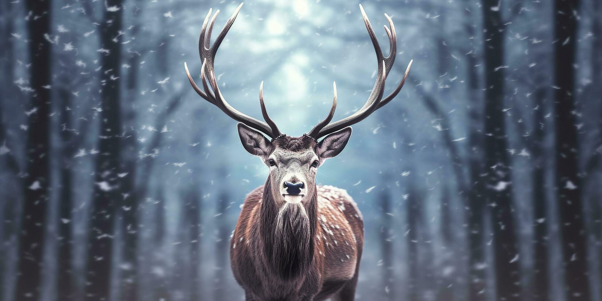 AI generated Noble deer male in the winter snow forest. Artistic winter Christmas landscape. AI Generated photo