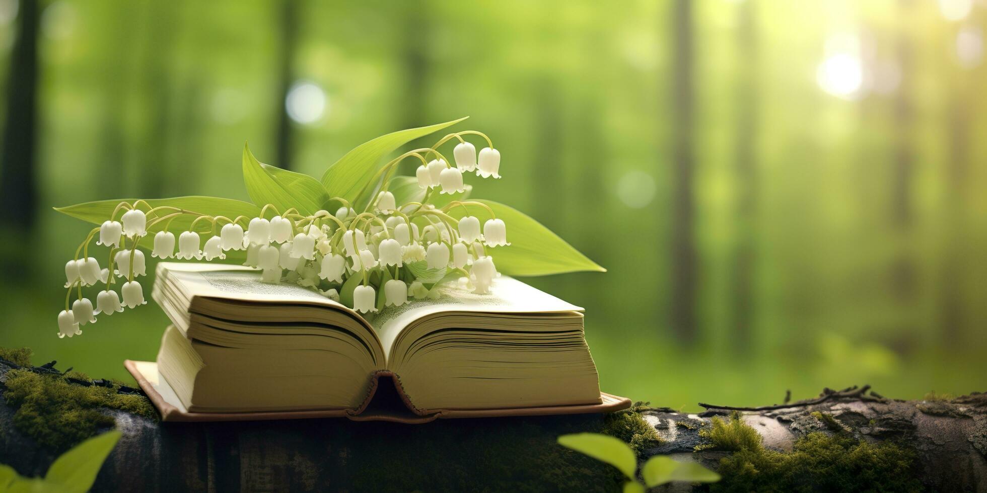 AI generated Lily of the Valley flowers and old books in the forest, green natural background. AI Generated photo