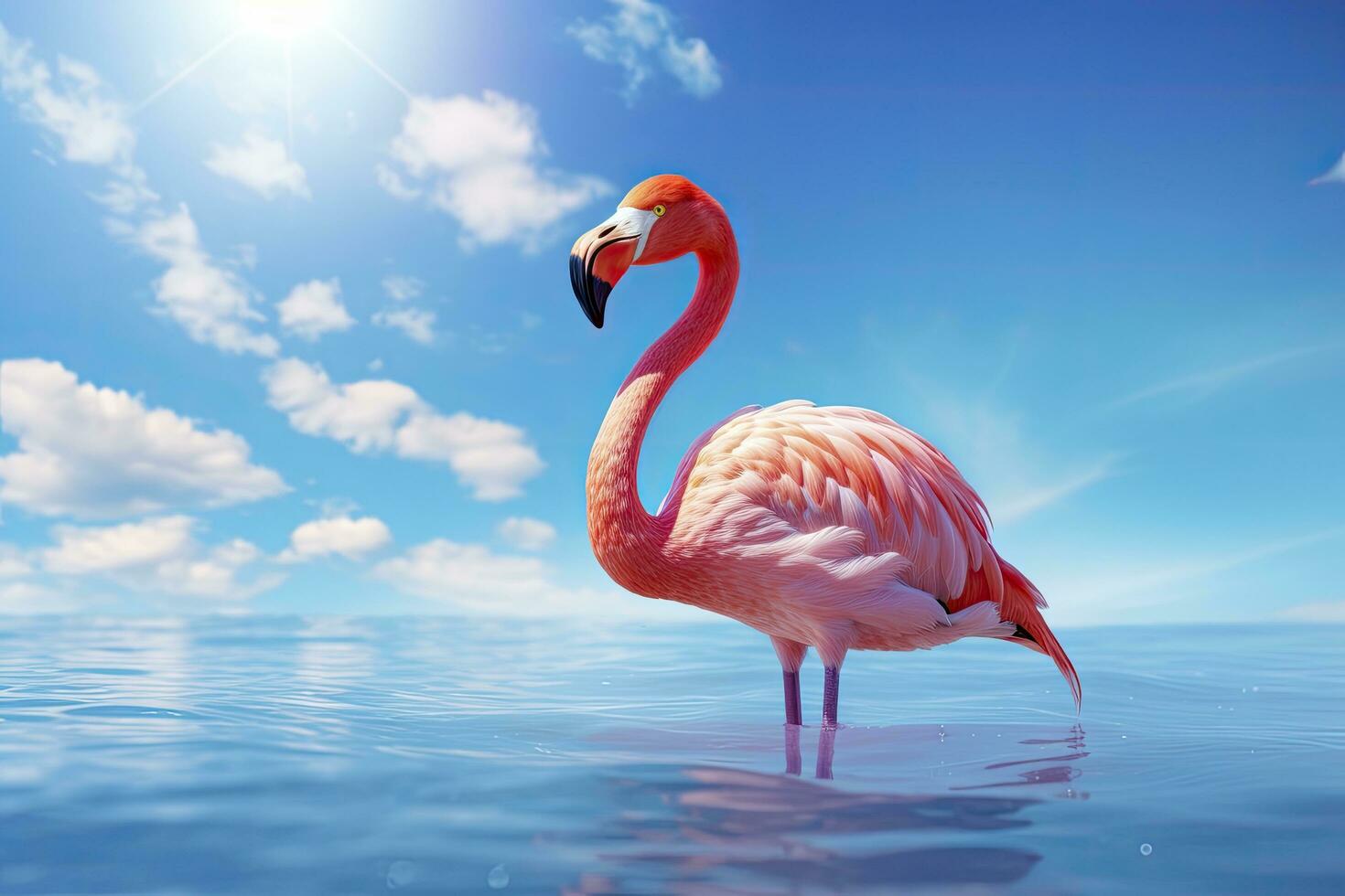 AI generated Pink Flamingo in the water. AI Generated photo