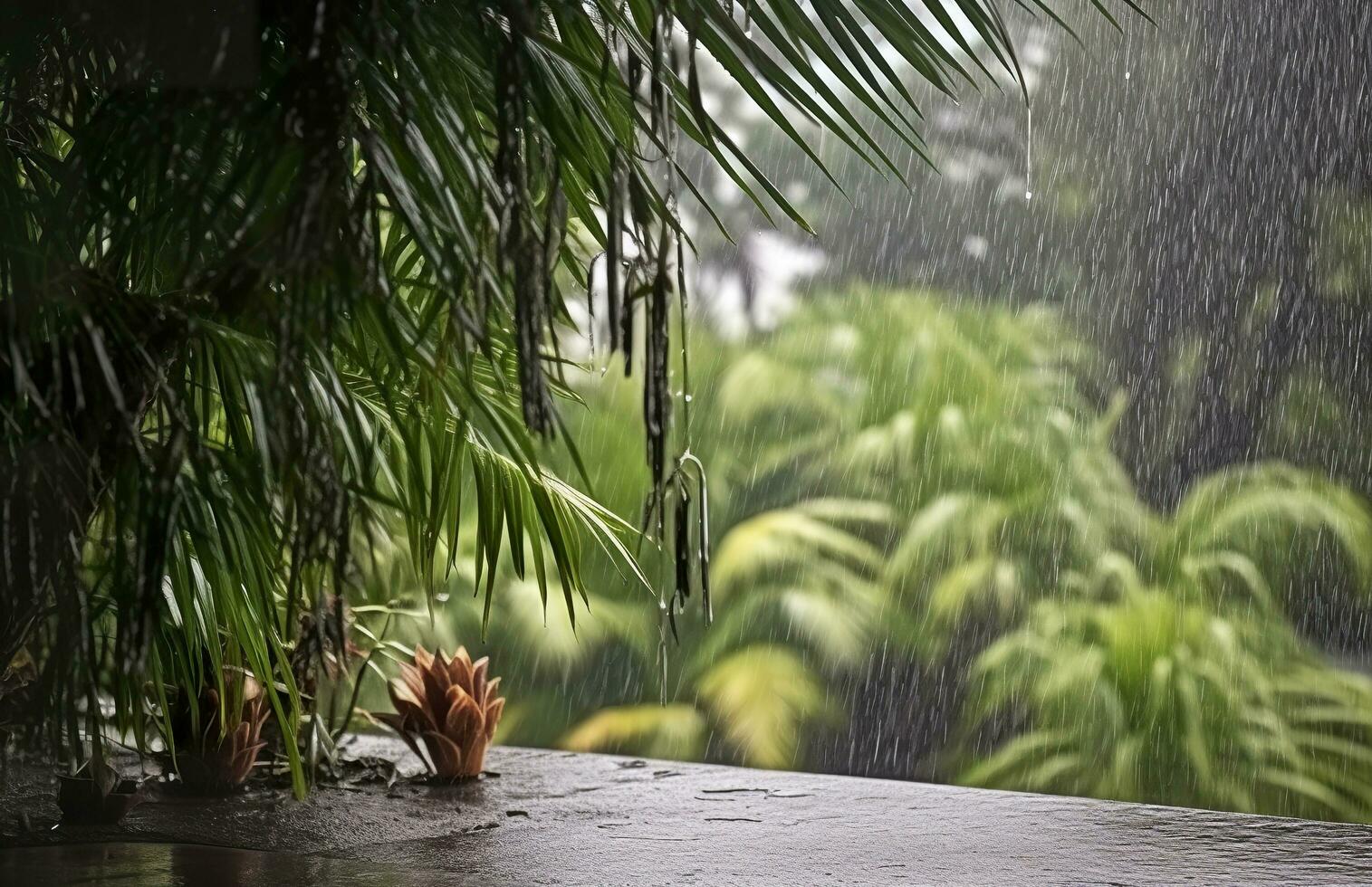 AI generated Rain in the tropics during the low season or monsoon season. Raindrops in a garden. Generative AI photo
