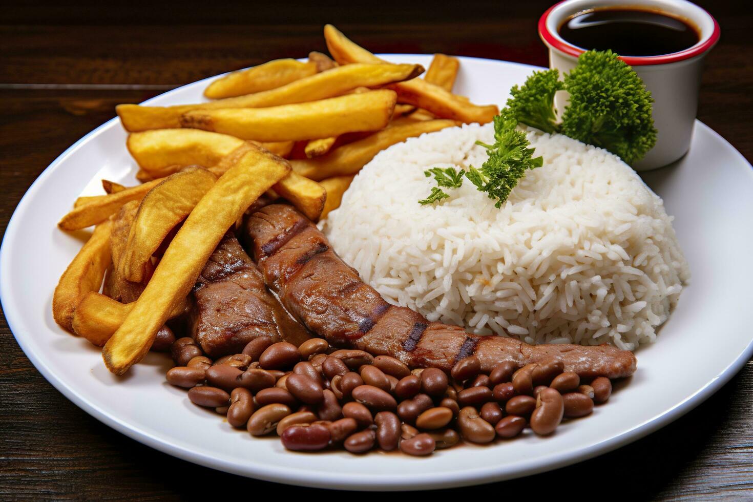 ai generado arroz, frijoles, francés papas fritas, y carne. generativo ai foto